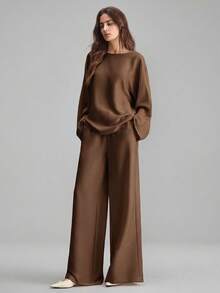 Ontre 2026新款棕色褶皱缎面弹力腰半身裙，适合现代都市派对、返校季、婚礼、都市简约休闲日常穿着、波西米亚风、度假、女士假日、海滩、办公着装 - 棕色 - 查看 4