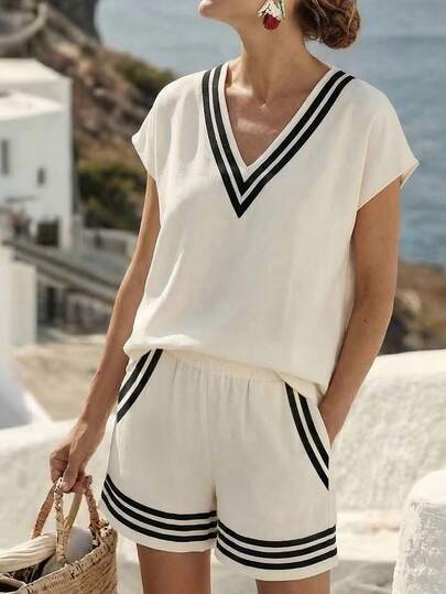 SHEIN 2pcs Women Striped V-Neck Short Sleeve Top And Shorts Set