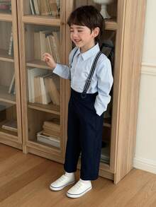 Dazy Kids 男童条纹单排扣长袖上衣和背带裤休闲套装 - 藍色 - 查看 5