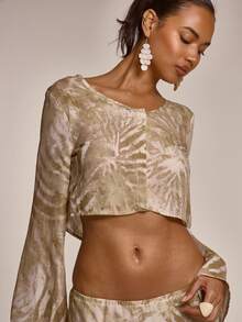 MUSERA V Neck Button Through Flowy Printed Cropped Top Coord Top Only Cute Summer Spring Sexy Going Out Beach Holiday Vacation Honey Tides - Multicolor - View 2