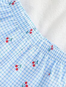 SHEIN Vintaside Kids Adorable Young Girls Fitted Blue Checkered Cherry Embroidered Camisole Top And Shorts Outfit - Blue - View 8