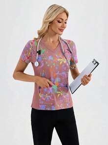 TaskEZ 双口袋V领短袖泼墨印花制服上衣/医用上衣 - 粉色 - 查看 5