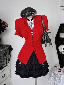 Sunspun Plus Size Mandarin Collar Ruffle Trim Casual Short Sleeve Shirt - Red - View 3