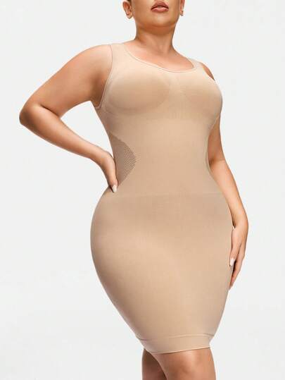 SHAPORA Plus Size Shapewear Dress, Waist-Cinching Bodycon Midi Dress, Seamless Slimming Tight Dress