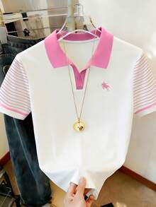 Resyla Áo thun nữ tay ngắn kẻ sọc phối họa tiết hiệp sĩ, kiểu dáng thường ngày. - màu đen - Xem 3