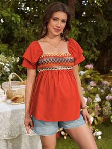 SHEIN Geometric Pattern Ruffle Sleeve A-Line Maternity Blouse For Women - Orange - View 4