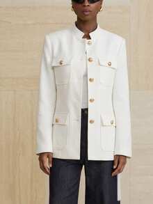 Aveloria Modichic Chaqueta utilitaria de cuello alto, tweed grueso, abotonadura sencilla con botones metálicos y cinturón decorativo - Blanco - Ver 4