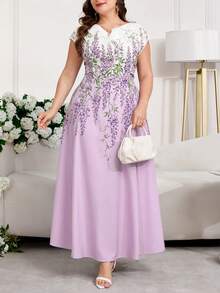 Reflora 大码女式深V领印花优雅收腰派对连衣裙 - 淡紫色 - 查看 3