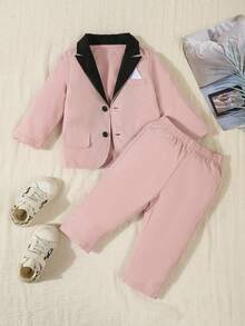 2 piezas Conjunto formal elegante para niño, chaqueta con cuello de contraste y bolsillo falso, y pantalones de cintura elástica, sin camisa, sin corbata de moño, adecuado para bebés de 6 meses a 3 años, atuendo formal para boda, actuación, fiesta, cumpleaños, Navidad, graduación - Rosa - Ver 4