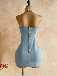 Soleia Women's V-Neck Hollow Out Design Fashion Halter Denim Dress,Women's Light Wash Denim Halter Dress  Cutout Bodycon Mini Summer Party Outfits,Women's Denim Halter Mini Dress Cutout Y2K Coquette Sexy Summer Style,Women's Elegant Denim Bodycon Dress Halter Neck Cutout Vacation Style,Women's Light Wash Denim Halter Mini Dress, Featuring A Deep V-Neck With Front Cutout, Halter Neckline With Back Button Closure,  Back Zipper Closure, Ideal For Summer Parties, Date Nights, Y2K Coquette & Beach Vacation Looks,HalterDress, CutoutDress, BodyconMini, LightWashDenim, SummerDress, Y2K, CoquetteStyle, SexyPartyOutfits - Blue - View 2