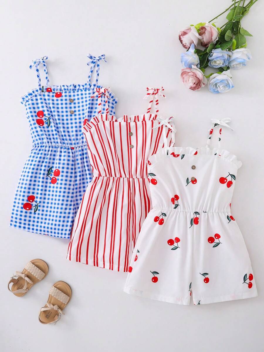 SHEIN Genkimix Kids Bộ 3 món quần áo hè thường ngày cho bé gái tuổi teen, họa tiết hoa và sọc nhiều màu sắc dễ thương, phù hợp cho gia đình đông con, đi biển, chơi ngoài trời, đi học - Bao gồm áo liền quần sọc và áo liền quần họa tiết quả anh đào. - Nhiều màu - Xem 1