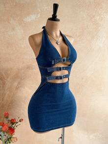 Soleia 女士性感度假风搭扣镂空露背修身牛仔连衣裙 - 藍色 - 查看 4