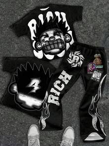 Tween Boy Summer Casual Cartoon Print T-Shirt And Pants Set - Multicolor - View 1