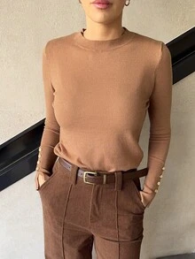 Marta Soriano All-Match Round Neck Casual Versatile Long Sleeve Knit Sweater For Women Brown Long Sleeve Top Brown Tops For Women Coffee Brown Top Brown Blouses Earthy Tops - Camel - View 3