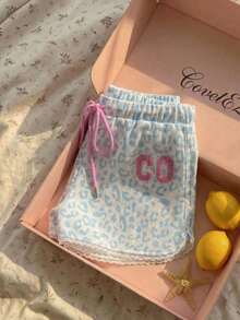 CovetEZ Women's Leopard Print Letter Graphic Casual Shorts - Blue and White - View 4