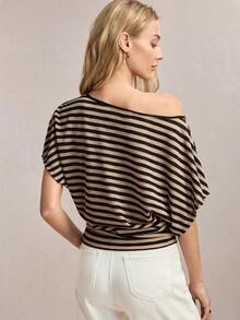 BizChic Summer Yellow & Black Striped Asymmetric Shoulder Batwing Sleeve Cinched Waist Women's T-Shirt,Elegent Night Out Office Outfits One Shoulder Tops - Multicolor - View 3