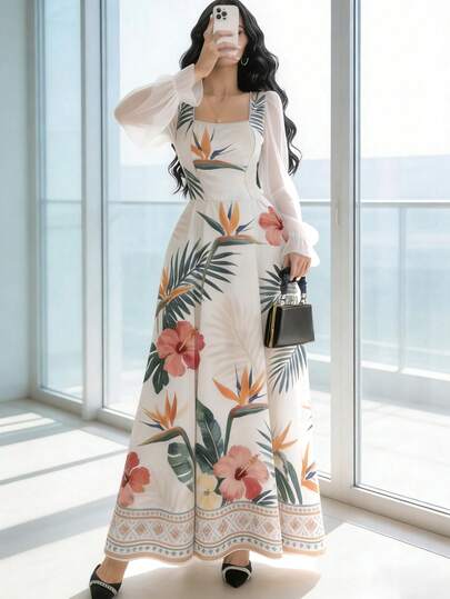 Modelyn Vestido largo minimalista de mujer con diseño de manga farol, cuello cuadrado y estampado de lunares negros. Vestido elegante de cintura ceñida y largo maxi, adecuado para vacaciones de verano y uso diario.