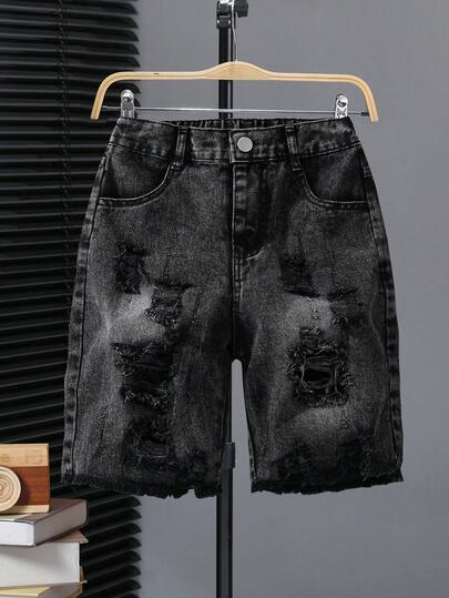 SHEIN Streecool Kids Tween Boys' Denim Shorts, Summer New Arrival, Fashionable Streetwear, Vintage Distressed Denim In Black, White, Gray, Relaxed Vacation Style, Elastic Waistband, Ripped & Faded Wash, Slim Fit Flattering Silhouette, Soft & Comfortable Fabric, Casual Daily & Holiday Wear