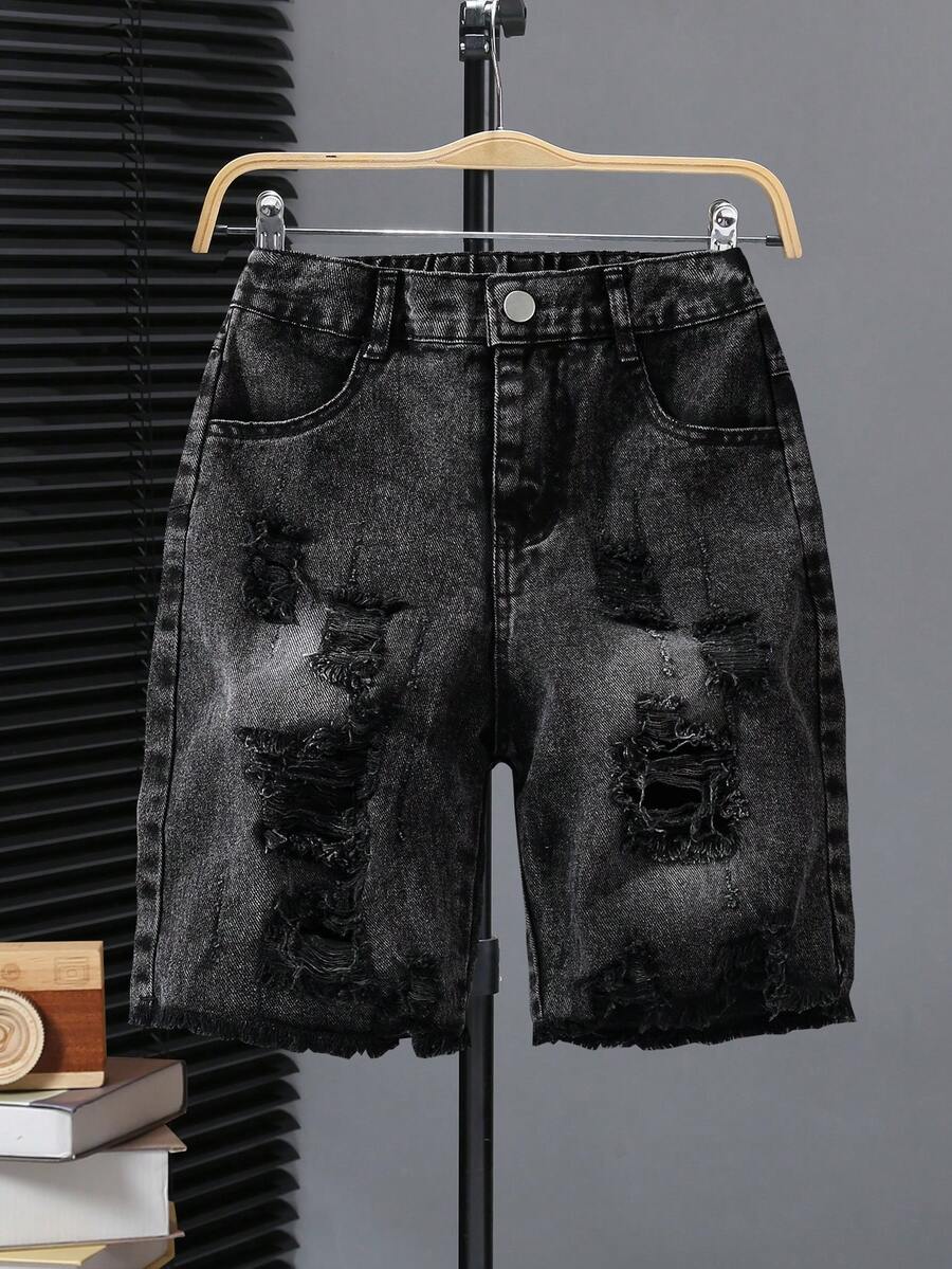 SHEIN Explorewe 男童牛仔短裤,夏季新品,时尚街头风,复古做旧牛仔面料,黑色、白色、灰色可选,休闲度假风,弹性腰带,破洞水洗做旧,修身显瘦,面料柔软舒适,适合日常休闲及度假穿着。 - 黑色 - 查看 1