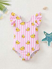 SHEIN Baby Girl Striped Cartoon Duck Print Ruffle Trim Cute One-Piece Swimsuit - Multicolor - View 2
