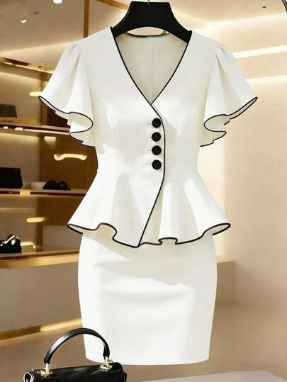 Franclia 黑白撞色拼接V领荷叶边下摆两件式连衣裙，女士优雅连衣裙，女士度假装，女士正式礼服，白色连衣裙，户外装，正式礼服，两件式连衣裙，撞色拼接