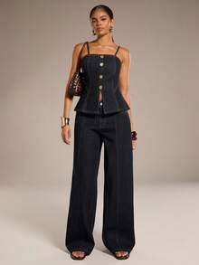 Normani Áo hai dây denim xẻ tà cài cúc phía trước thời trang mùa hè dành cho nữ - Rửa tối - Xem 5