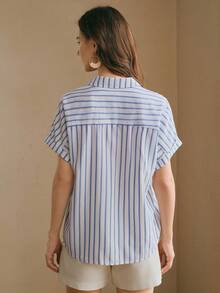 Anewsta Essential Women's Elegant Blue And White Striped Casual Short Sleeve Shirt, Suitable For Office And Vacation Wear - Blue - View 8