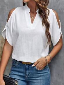 SHEIN Clasi 女士常规款V领白色100%纯棉短袖衬衫，适合春夏季节穿着 - 白色 - 查看 3