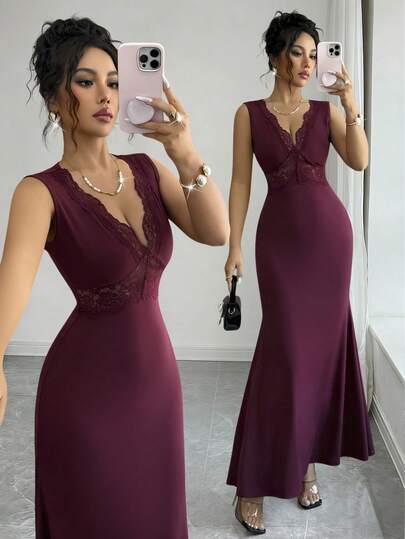 Nevyona 女士蕾丝边饰、镂空、透视、修身、束腰、鱼尾式长裙，酒红色薄纱面料，春夏服装，女士连衣裙，长裙，时尚、优雅、性感，派对礼服，节日礼服