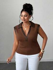 Maweii Plus Size Fashionable Sleeveless Jacquard Knit Patchwork Slim Fit Elegant Top - Brown - View 4