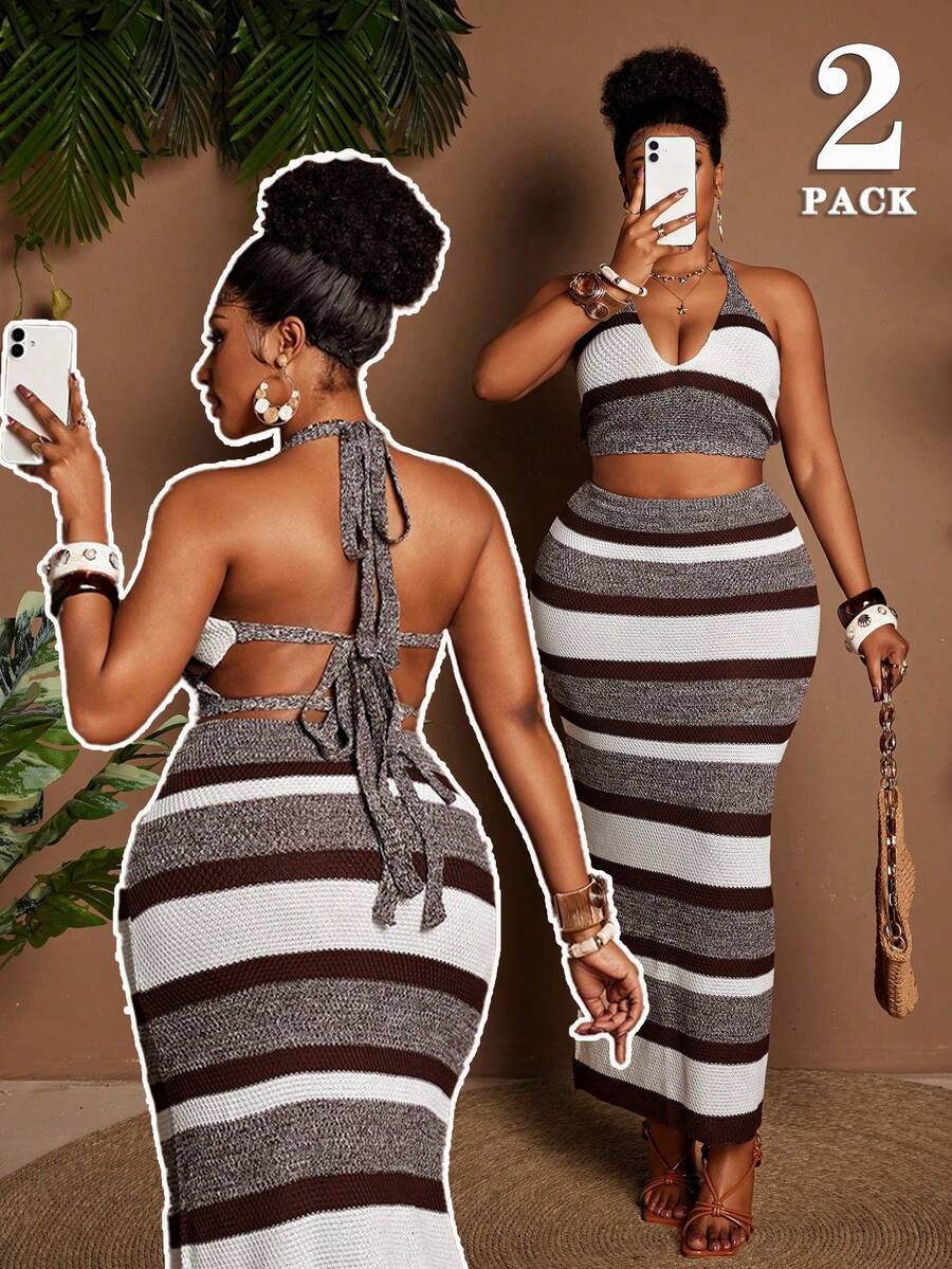 Maweii Bộ đồ nữ cỡ lớn: Áo croptop không tay cổ yếm hở lưng buộc dây phối màu tương phản kẻ sọc và chân váy dài ôm sát eo chun, thích hợp mặc hàng ngày, đi biển.
