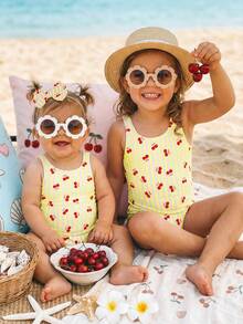 SHEIN Baby Girls Casual Minimalist Fitted One-Piece Swimsuit, Suitable For Summer - Multicolor - View 4