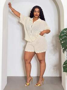 Veslaya Women's Plus Size Beige Summer Boho Vacation Holiday Knitted Two Pieces Outfit,Loose Short Sleeve Shirt Top And Shorts Set,Beach Music Festival Party - Apricot - View 5