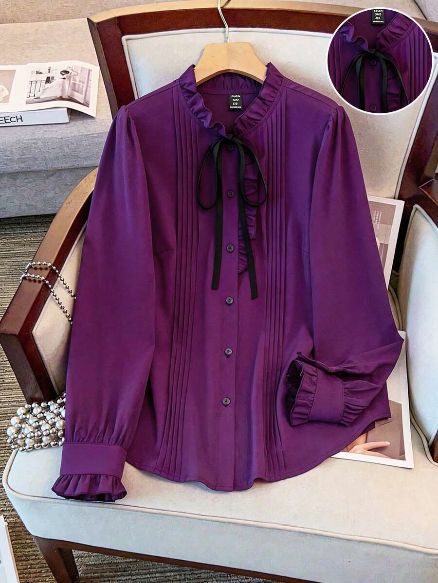 GlowEve CURVE Plus Size Women Long Sleeve Small Stand Collar Striped Casual Solid Color Ruffle Cuff Fashion Shirt, Suitable For Daily Commute - Purple - View 1