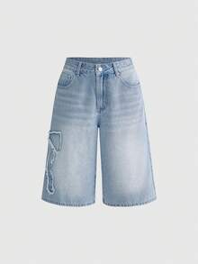 ROMWE Casual Frayed Hem Bow Denim Shorts, Light Blue - Blue - View 5