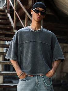 PAVTROS Áo thun nam dáng rộng, phối nhiều mảnh vải, đã qua xử lý giặt, kiểu dáng thường ngày. - màu đen - Xem 1