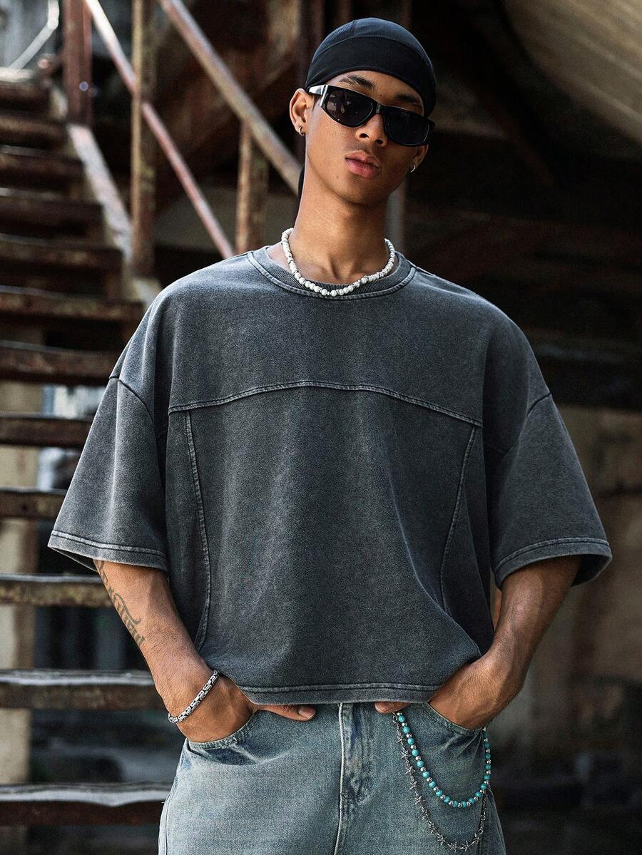 PAVTROS Áo thun nam dáng rộng, phối nhiều mảnh vải, đã qua xử lý giặt, kiểu dáng thường ngày. - màu đen - Xem 1