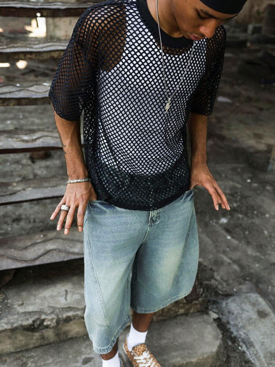 PAVTROS 男士纯色圆领镂空休闲百搭日常短袖T恤 - 黑色 - 查看 1