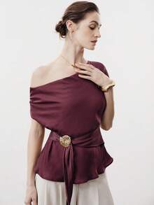Aalyst Women's Solid Color Asymmetric Shoulder Exposed Shoulder Asymmetrical Neckline Short Sleeve Waist Metal Buckle Decor Tie Blouse, Elegant French Retro Formal Office Commute Casual Holiday Afternoon Tea Street Style Minimalist Versatile, Spring/Summer New Arrival Women's Tops And Blouses Women's Short Sleeve Tops Blouse With Garterized Waist For Women Women's Tops - Maroon - View 7