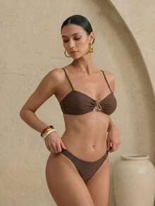 SHEIN Swim Women's Solid Color Metal Decor Casual Bikini And Triangle Briefs Swimwear Set - Brown - View 3