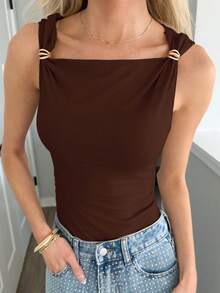 Sydney Algeri Metal Decor Ruched Bodysuit, Casual & Versatile, Spring/Autumn - Coffee Brown - View 6