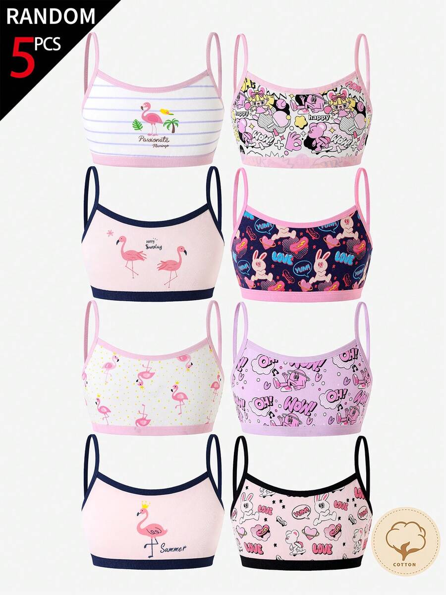 SHEIN 5pcs Berbagai Macam Atasan Camisole Katun Nyaman Motif Flamingo Lucu Gaya Hip-Hop untuk Liburan Anak Perempuan Remaja - MultiWarna - View 1