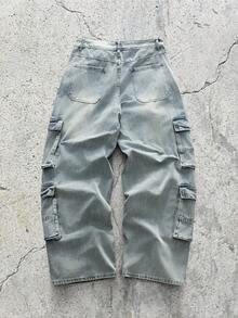 EVRINFINITE Men's Distressed Washed Multiple Pockets Cargo Jeans, Casual Straight Leg Pants,Baggy Fit, Oversized Jeans - Mint Blue - View 2