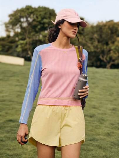 WanderVale 休闲百搭粉蓝撞色圆领条纹设计后背储物女式上衣