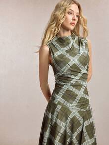 BizChic Summer New Green Grid Rhombus Pattern Print Asymmetrical Asymmetric Shoulder Ruched Cinched Waist Asymmetric Hem Design Women Dress, Versatile Summer Outfit - Multicolor - View 6