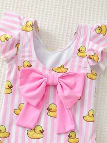 SHEIN Baby Girl Striped Cartoon Duck Print Ruffle Trim Cute One-Piece Swimsuit - Multicolor - View 4