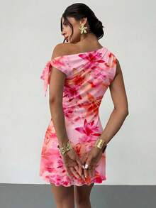 Firerie Women's Summer New Floral Asymmetrical Shoulder Sexy Elegant Vacation Mini Dress, Mesh Floral Dress, Asymmetric Neck Dress, Spring/Summer Clothing, Beach Outfit, Elegant, Sexy, Vacation, Beach, Hawaii, Date, Party, Music Festival, Graduation Dress, Prom,Summer Dresses For Women - White - View 2