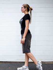Ananda Vibes Ladies" Distressed Spider Letter Print Casual Denim Shorts For Spring And Summer, School - Black - View 3