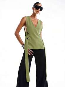 LYSMO 2026新款简约时尚绿色无袖双层金属镂空性感开衩露背背心，夏季女装，春季度假，派对服饰 - 綠色 - 查看 5