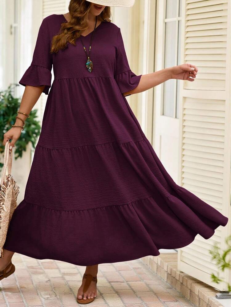 Plus Size Women's Deep V-Neck Ruffle Sleeve Multi-Tiered Hem Long Yellow Dress For Summer